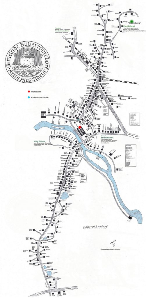 Ortsplan Boberröhrsdorf mit Namen der deutschen Einwohner bis zur Vertreibung 